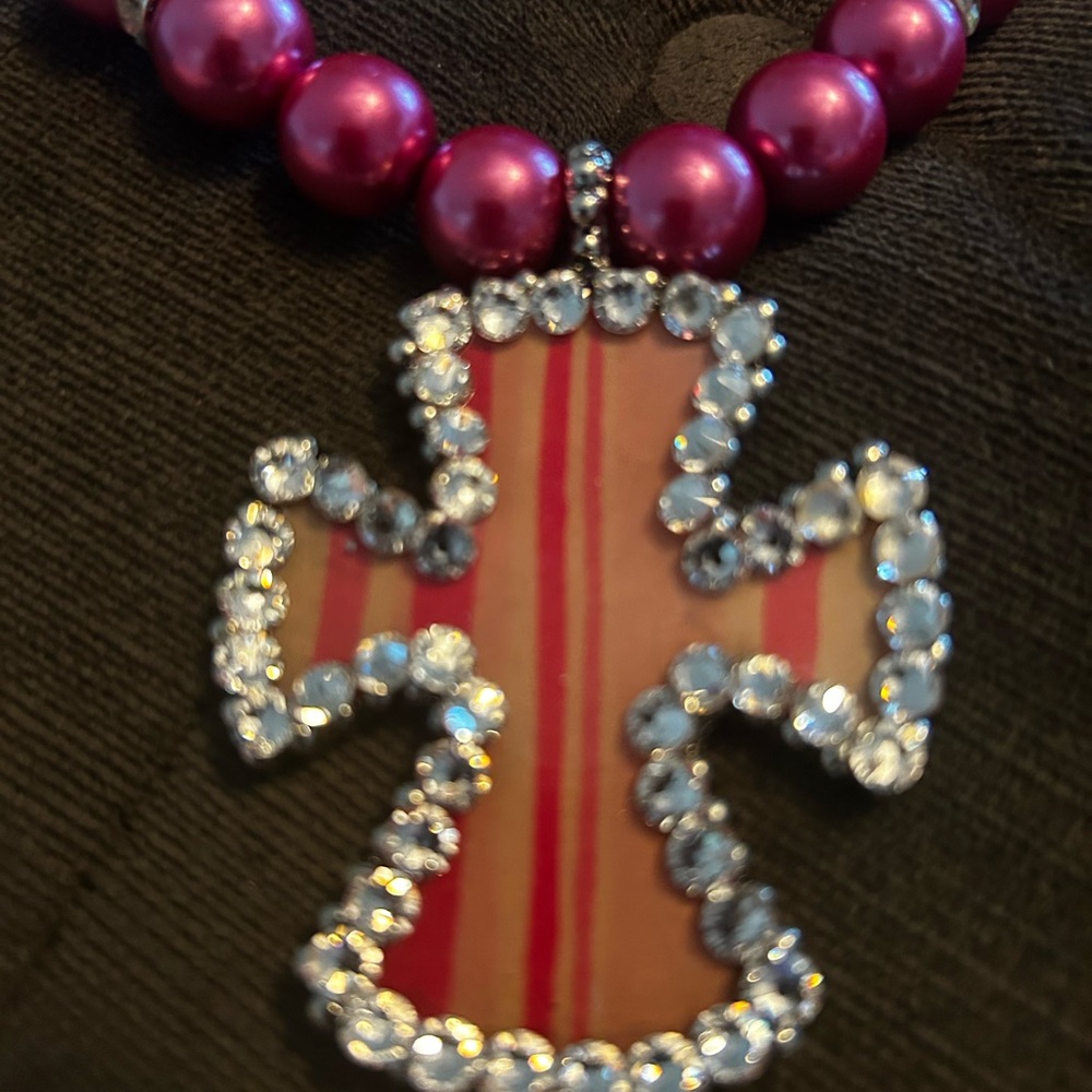 Pink Beaded Cross Pendant Necklace